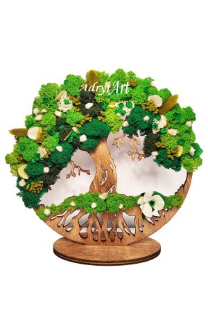 Copacul vietii cu suport decorat cu licheni hortensie criogenata lagurus frunze voal gypshofilia in nuante de verde1