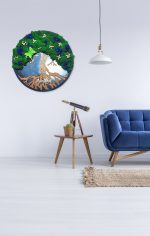 Copacul vietii pictat manual si decorat cu licheni verzi si hortensii albastre