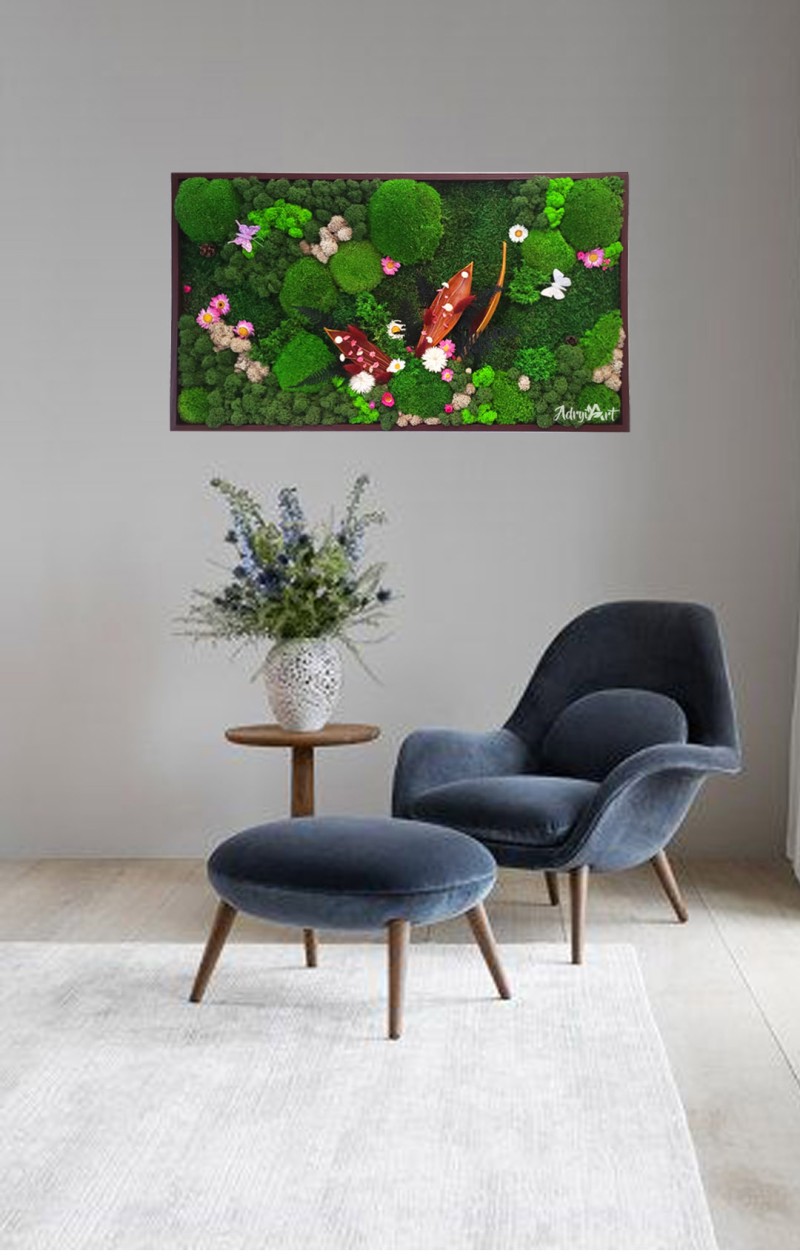 tablou decorat cu muschi plat si bombat licheni plante si flori stabilizate ta50mro p vr5