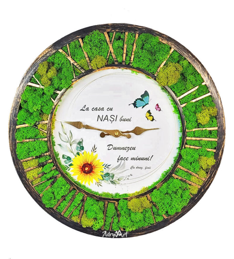 Ceas de perete cu licheni si text pentru nasi