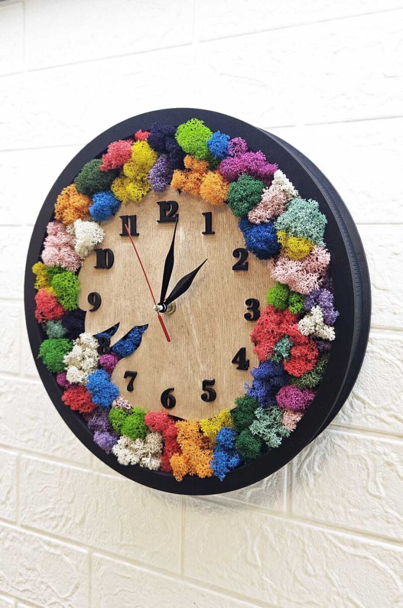 ceas cu licheni colorati si lemn