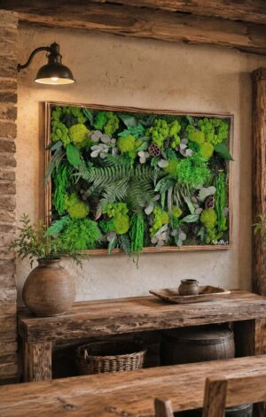 tablou licheni si plante x lemn ars