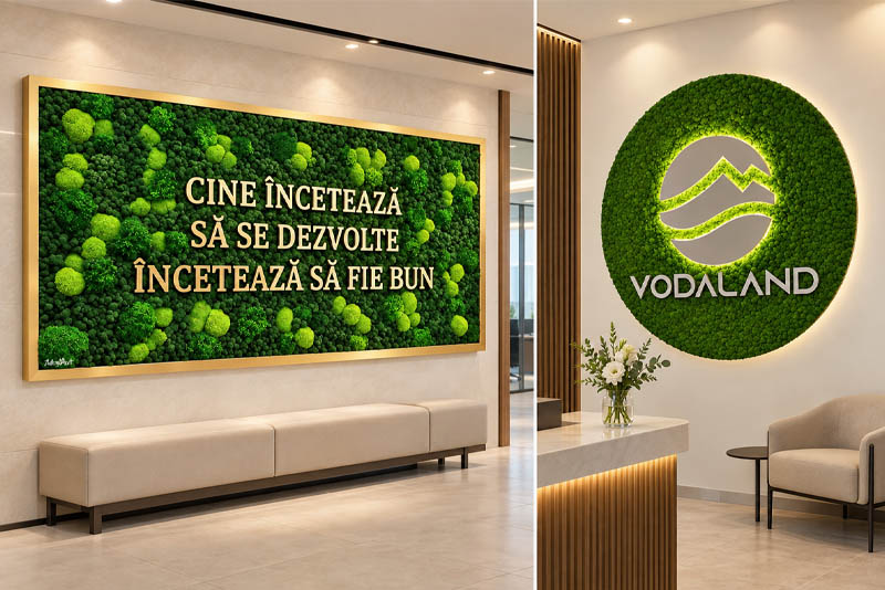 Tablouri cu licheni pentru birouri și recepții, cu mesaj personalizat și sigla companiei